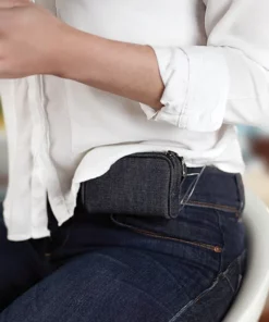 Denim case worn horizontally on waist belt