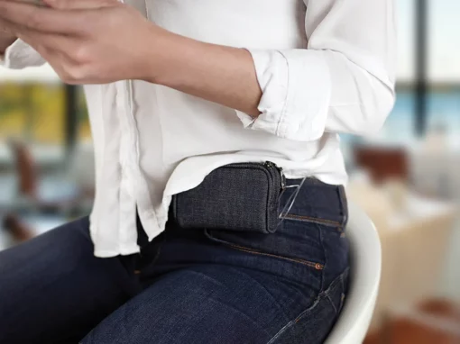 Denim case worn horizontally on waist belt
