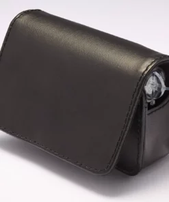 Black leather insulin pump case clipped on belt with flap closed