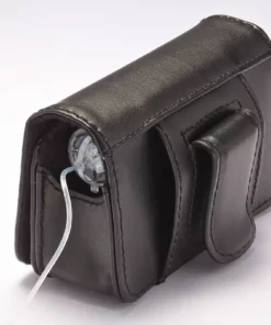 Black leather insulin pump case clipped on belt with flap closed