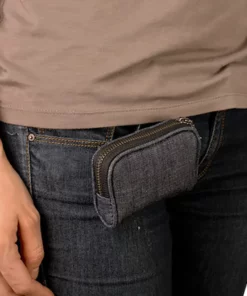 Denim case worn horizontally on waist belt