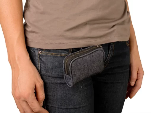 Denim case worn horizontally on waist belt